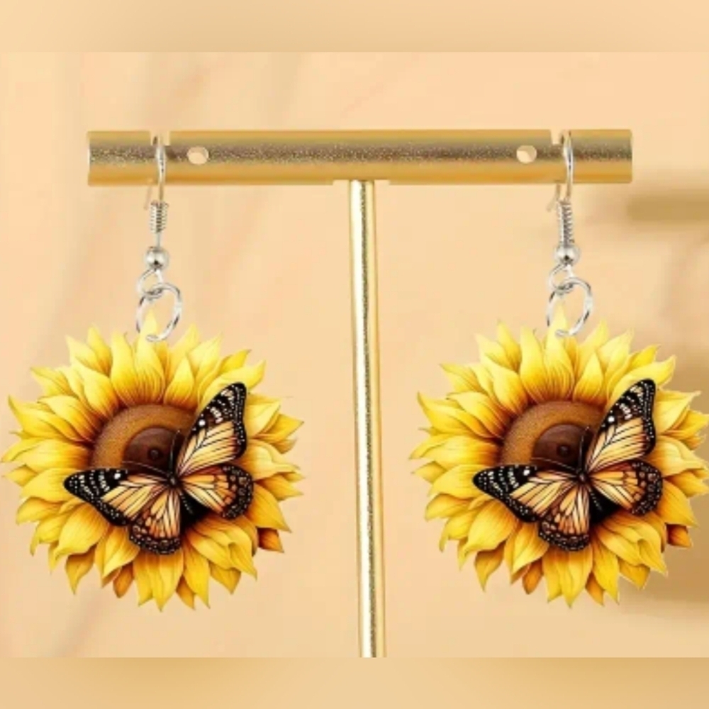 New women's 2d butterfly sunflower acrylic country dangling earrings boho
